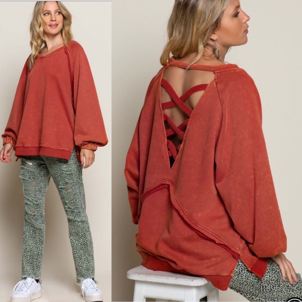 Washed Berry cross back pullover sweater